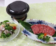 Seared wagyu beef on stone grilled bowl