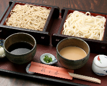 Buckwheat noodles served on a bamboo strainer