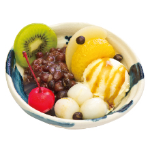 Cream anmitsu (agar gelatin with fruits, sweet red bean paste, and whipped cream)