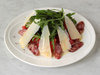 Salad with Semi-Dry Fresh Salami, Parmesan, Rucola, and Tomatoes