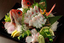 Thinly sliced rosy seabass sashimi