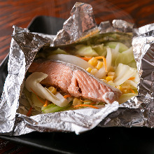 Steamed salmon and vegetables with miso sauce