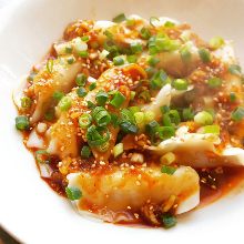 Boiled gyoza with chili oil sauce