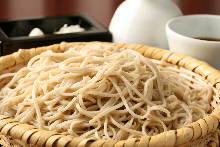 Buckwheat noodles served on a bamboo strainer