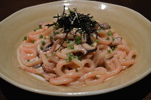 Spicy cod roe and mushrooms yakiudon