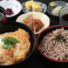 Pork cutlet rice bowl and buckwheat noodles meal