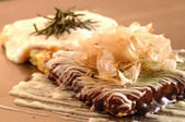 Pork, spicy cod roe, and cheese okonomiyaki