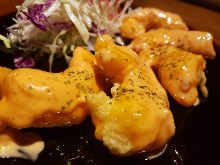 Fried shrimp dressed with mayonnaise