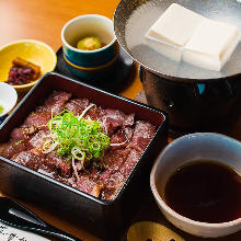 Wagyu beef steak in a lacquered box, with boiled tofu