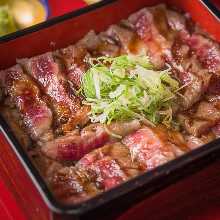 Wagyu beef steak in a lacquered box