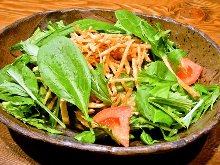 Salad topped with crispy fried noodles