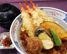 Seafood and vegetable tempura rice bowl