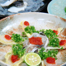 Assorted cuts of pufferfish sashimi