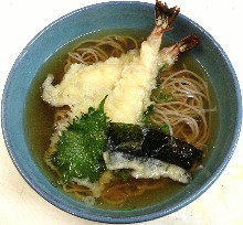 Shrimp tempura on buckwheat noodles