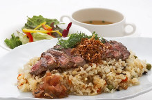 Steak pilaf with soup and salad
