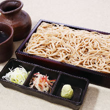 Buckwheat noodles served on a bamboo strainer