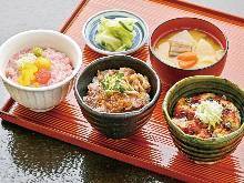 Ekinaka 3 types of rice bowl (negitoro, beef steak & dream pork & eel)