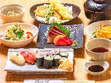 Sashimi, sushi, and tempura set meal