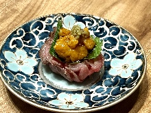 Wagyu beef topped with sea urchin