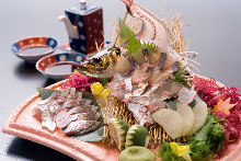 Live horse mackerel sashimi