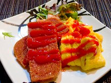 Pork luncheon meat and eggs