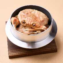 Kamameshi (pot rice) with crab and wild vegetables
