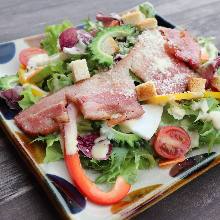 Salad with Homemade Caesar Dressing and Nakijin Oppa Farm Bacon