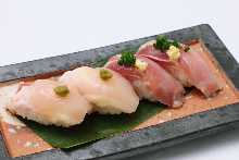 Assorted locally raised chicken nigiri sushi