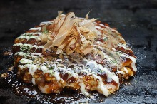 Pork, squid, and shrimp okonomiyaki