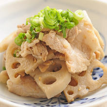 Stir-fried pork belly and lotus root seasoned with sugar and soy sauce ("Kinpira")
