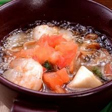 Shrimp al ajillo with baguette