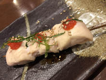 Chicken tenderloin skewer with mentaiko