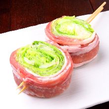 Grilled pork wrapped lettuce skewer