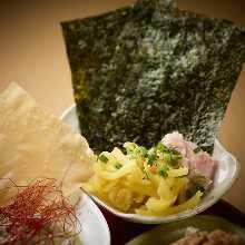 Fatty tuna and pickled radish sushi rolls