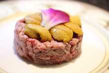 Seared Yamashiro Beef Yukhoe (Tartare) Topped with Hokkaido Sea Urchin Seared Yamashiro Beef Yukhoe (Tartare) Topped with Hokkaido Sea Urchin