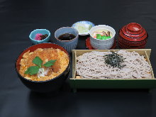 Pork cutlet rice bowl and buckwheat noodles meal