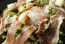 Slow-poached egg and raw ham salad