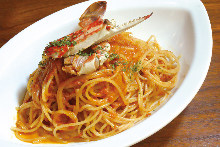 Tomato cream sauce pasta with Japanese blue crab