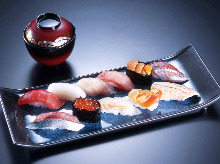 Assorted nigiri sushi (11 kinds) with red miso soup