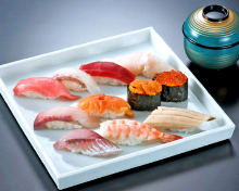 Assorted nigiri sushi (11 kinds) with red miso soup