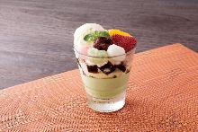 Cream anmitsu (agar gelatin with fruits, sweet red bean paste, and whipped cream)