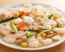Stir-fried seafood, asparagus, and bamboo shoot