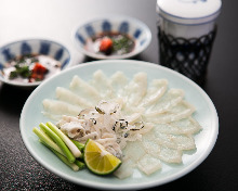 Thinly sliced pufferfish sashimi