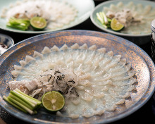 Thinly sliced pufferfish sashimi