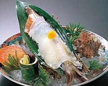 Live squid sugata-zukuri (sliced sashimi served maintaining the look of the whole squid)