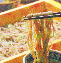 Buckwheat noodles served on a bamboo strainer