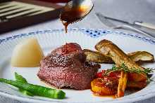 Meat Dish Rare A5 Rank Kuroge Wagyu Rump Steak from Mr. Nakano in Bihoro, Hokkaido&with Truffle-scented Sauce and Seasonal Vegetables