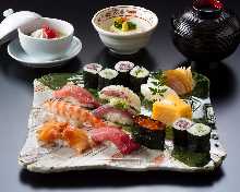 Assorted premium nigiri sushi with miso soup "AMI" (Only on Monday, Tuesday and Wednesday)