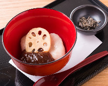 Zenzai (sweet red bean soup with toasted rice cake or chestnuts)