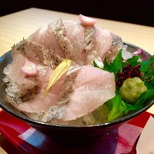 Thinly sliced rosy seabass sashimi